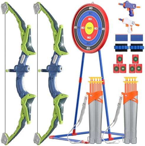 DRAMATION 2 Pack Kids Bow and Arrow Sets – 55 PCS LED Light Up Arrow Archery Kits with 20 Suction Cups & 2 Quivers & Standing Target,Sport Gifts Outdoor Toys Archery Set for Kids Ages 6-8 Years