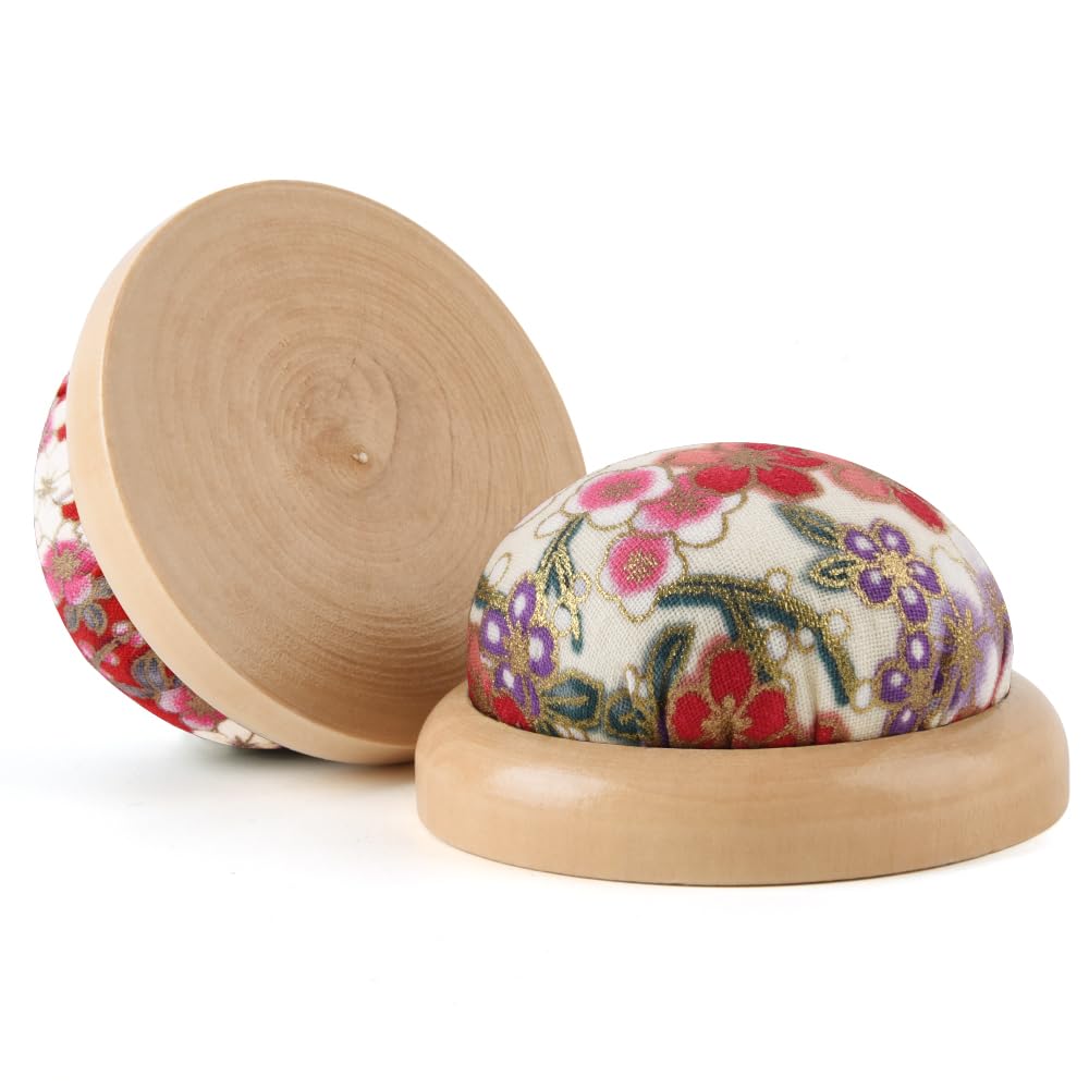 1Pcs Round Pin Cushion, Wooden Base Cute Needle Pincushions Japanese Style Pin Cushions Needle Holders for Sewing Quilting Accessory or DIY Crafts.Beige Plum Blossom