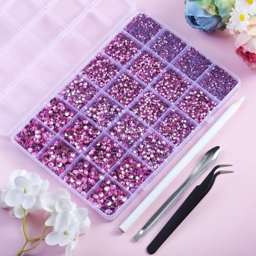 Image of Hotfix Rhinestones Kit,Dark Pink, Mixed 5 Sizes 14400pcs | Hot Fix Crystals, for Bedazzling Clothes Crafts, with Wax Pencil,Tweezers and Spoon,SS6-SS30