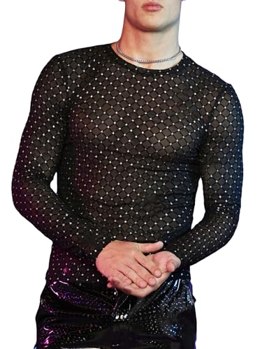 WDIRARA Men's Rhinestone Trim Mesh Sheer Long Sleeve Round Neck Party Blouse Shirts