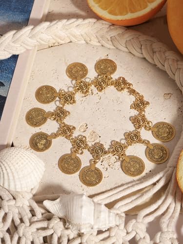 Image of MINACHI Boho Coin Charm Brass-Tone Vintage Tribal Style Chain Anklet | Brass-tone coin charm anklet, vintage tribal style chain, boho beach style design; perfect for beach days and summer outfits