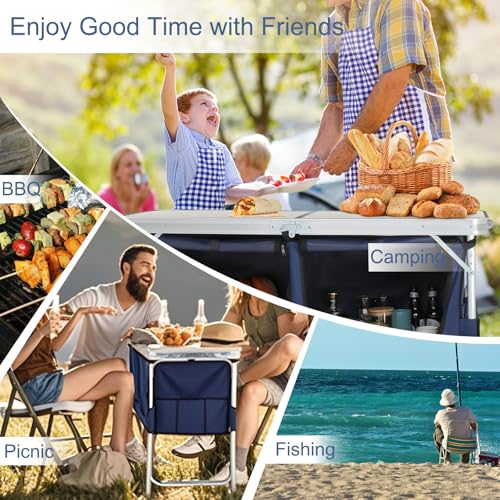 GODECOR Folding Camping Table with Storage, 3 Height Adjustable, Lightweight, 4 Ft Outdoor Portable Kitchen Aluminum Table for BBQ, Picnic, Hiking, Beach, and Indoor