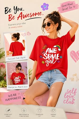 Image of Amazon Brand - Anarva Women Oversized Graphic Printed T Shirt 100% Cotton Drop Shoulder Loose Fit Baggy Casual Tshirt for Girls