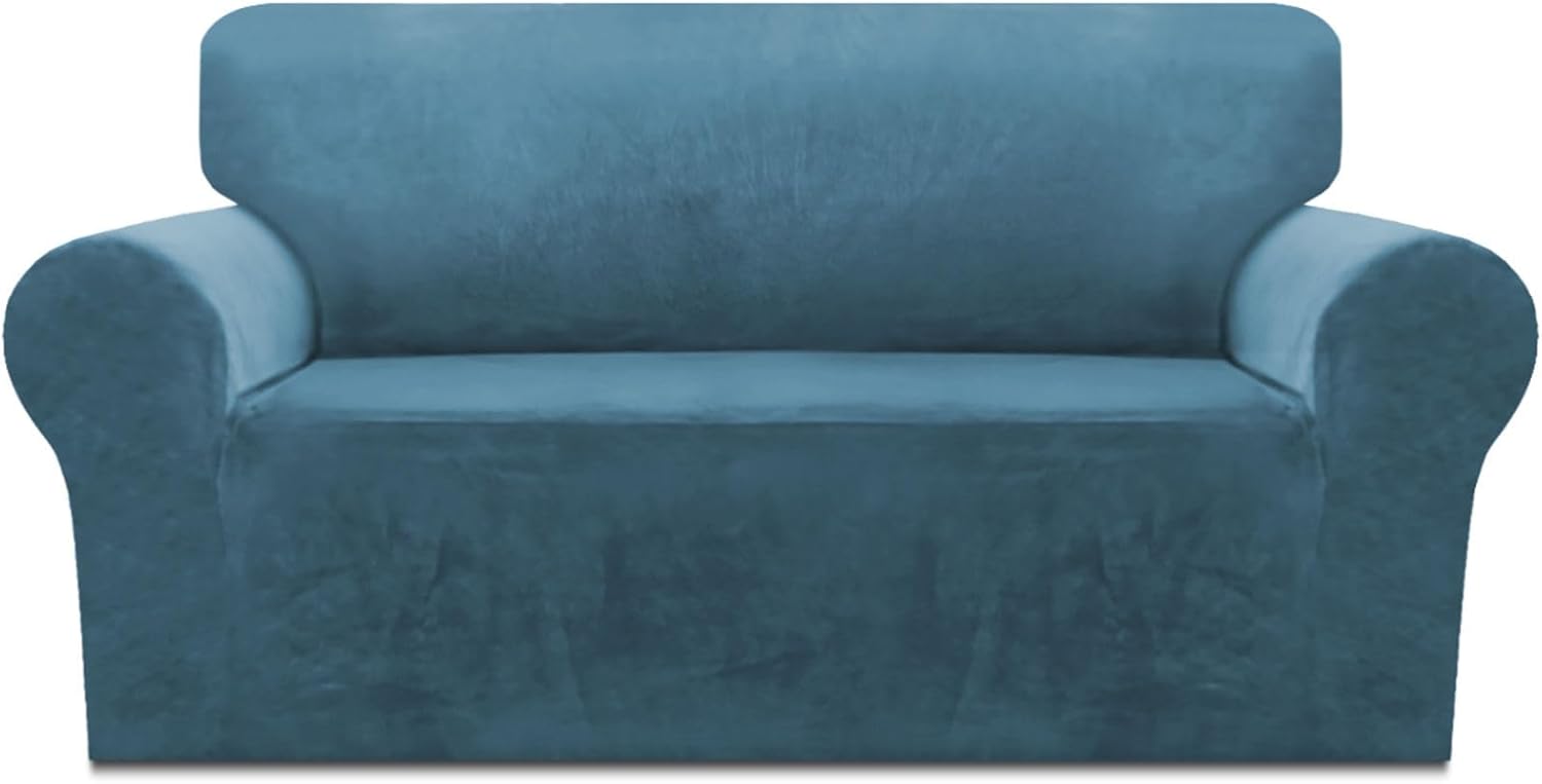 Stretch Sofa Cover, Velvet Couch Cover for 2 Cushion Couch Loveseat Cover with Non Skid Foam and Elastic Bottom Sofa Slipcover Soft Furniture Protector for Dog-Peacock Blue-2 Seater
