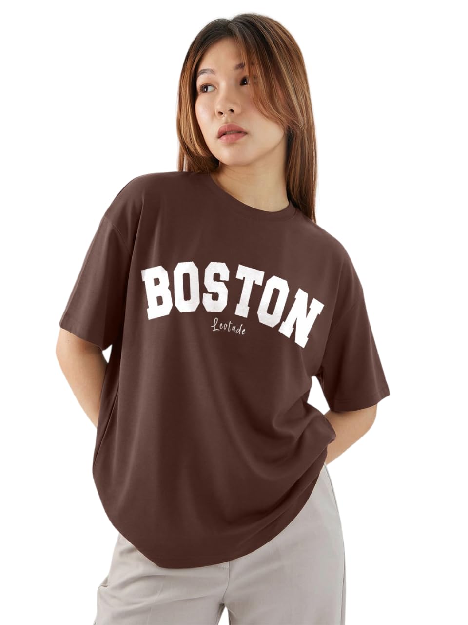 leotude Women's Baggy Fit Drop Shoulder Printed Round Neck Half Sleeve Korean Style Oversized T-Shirt for Women's (Color: Brown)-picture-43