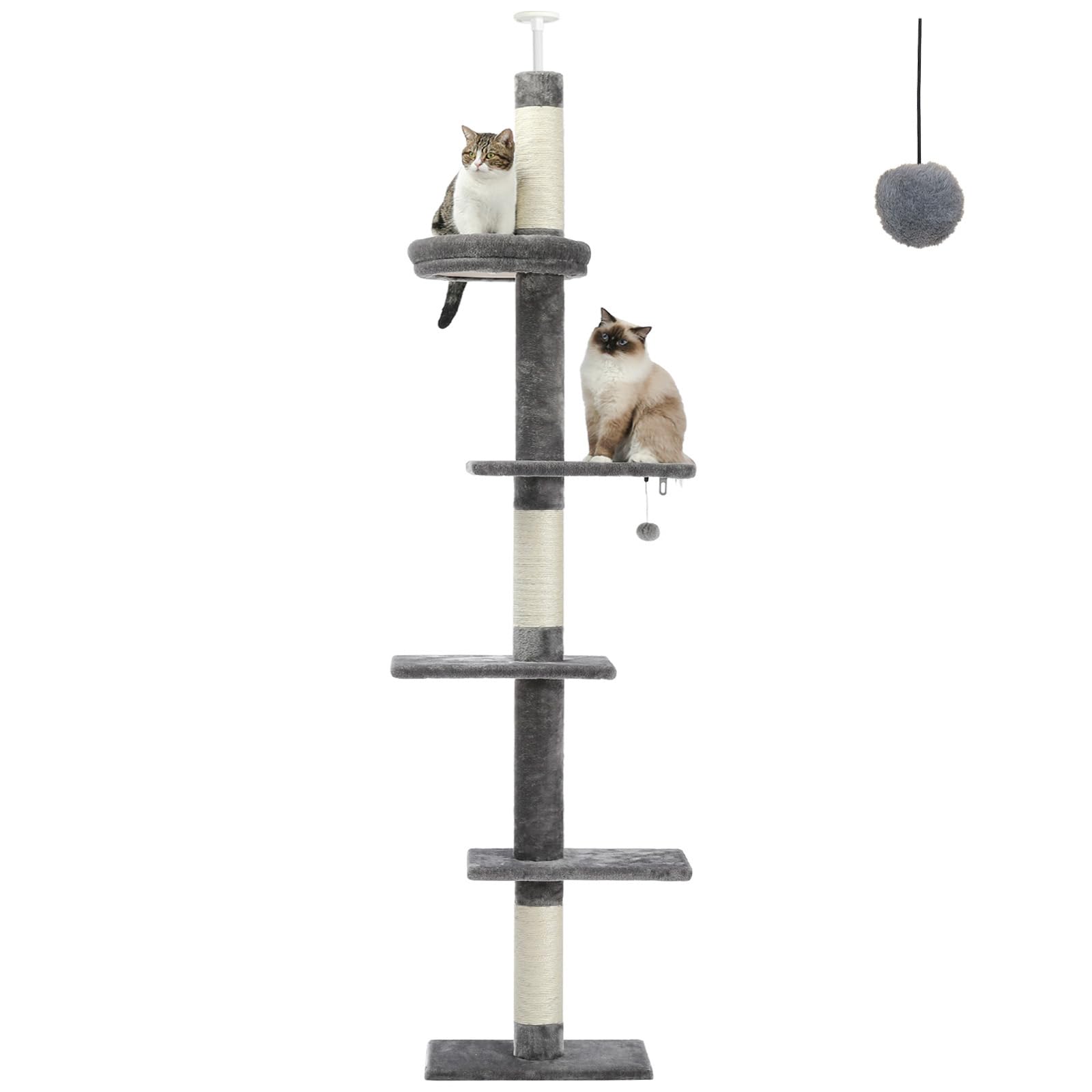PETEPELA Cat Tree 5-Tier Floor to Ceiling Cat Tower Height Adjustable (95-107 Inches), Tall Kitty Climbing Activity Center with Scratching Post, Cozy Bed, Dangling Ball for Indoor Cats Upgraded Grey
