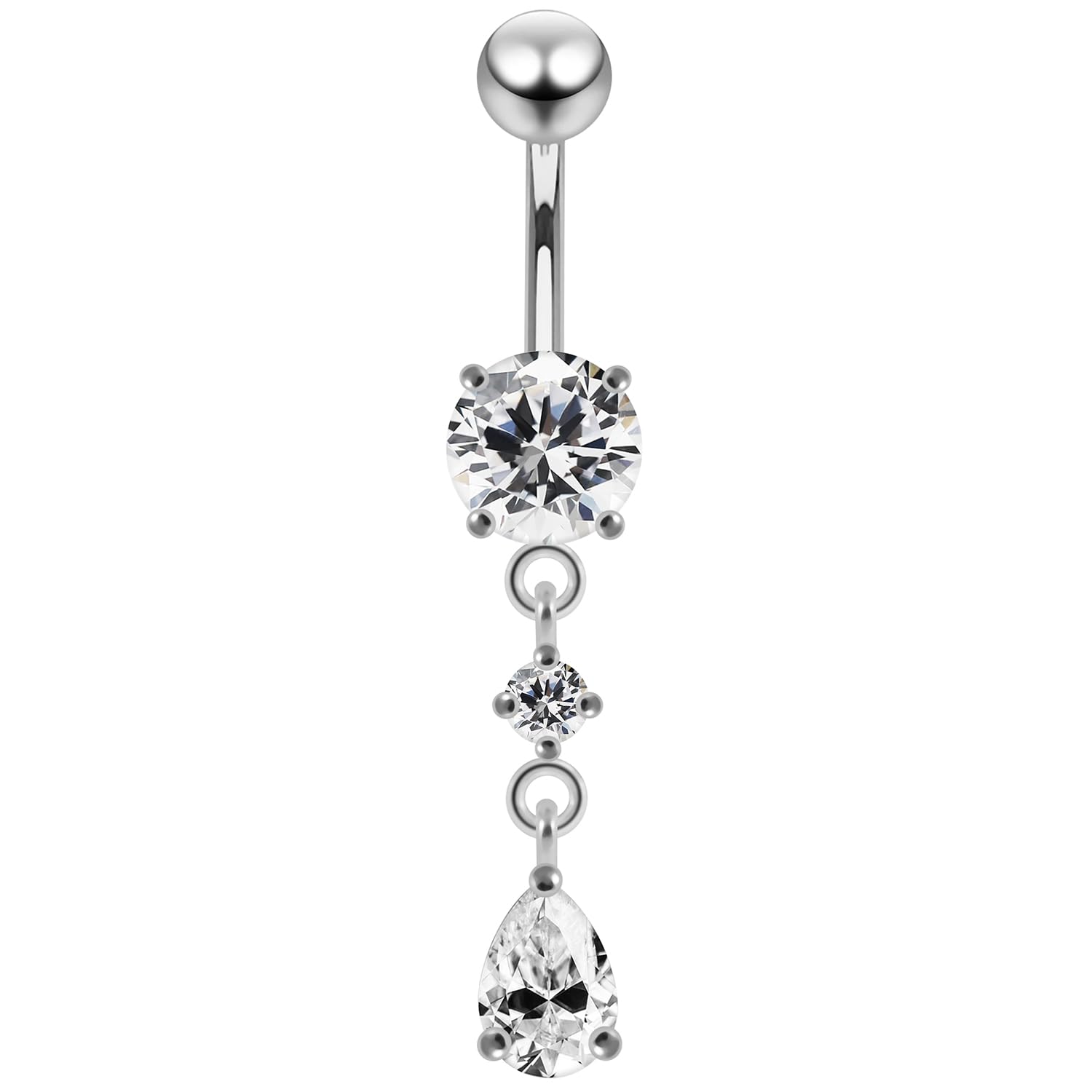 Round with Teardrop CZ Stone Dangling 925 Sterling Silver with Stainless Steel Belly Button Ring