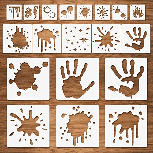 19 Pcs Stain and Splatter Stencils, Graffiti Spills Shoe Stencils, Flame Fire Drip Assorted Sizes Reusable Plastic Template for Painting on Wood Wall Paper Fabric for Halloween Cosplay Party 10