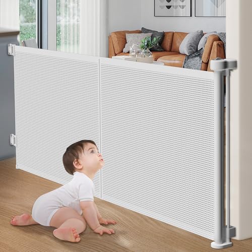 Image of Upgrade Retractable Baby Gates, 35" Tall Extends up to 60" Wide, Mesh Dog Gate Indoor for Stairs, Outdoor Reinforced Pet Gate with Support Rods for Doorways Hallways Kitchen Bedroom, White