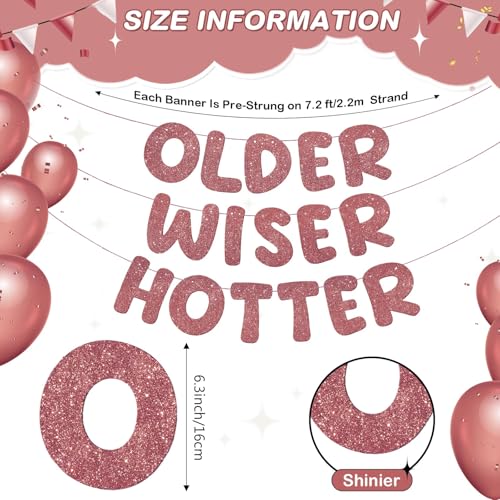 Image of Fulmoon Set of 3 Pre Strung Older Wiser Hotter Glitter Banner Funny Birthday Banner for Women 30th 40th 50th 60th 70th 80th Birthday Party Decorations Sign Gift(Deep Rose Gold)