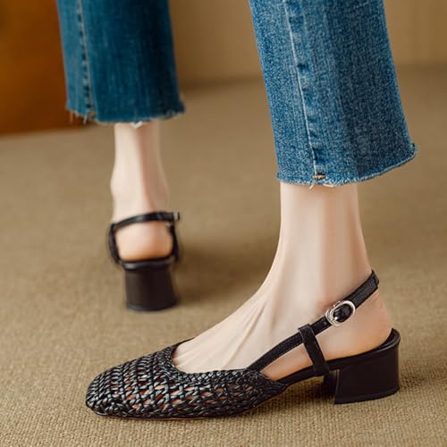 Chaussures d'été tressées avec talon carré stable et bout ouvert - 6