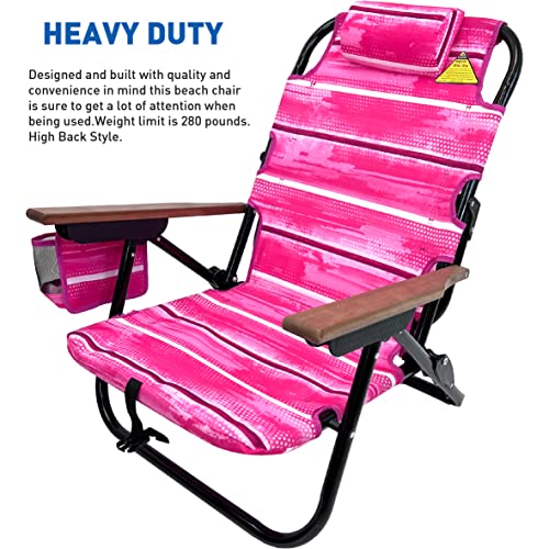 Easygo Product Backpack Beach Chair 5 Positions And Cup Holder Pouch On Side Padded Pillow Storage Bag On Back Lightweight Rustproof Aluminum Black Frame, 1 Pack, Pink #TOP5