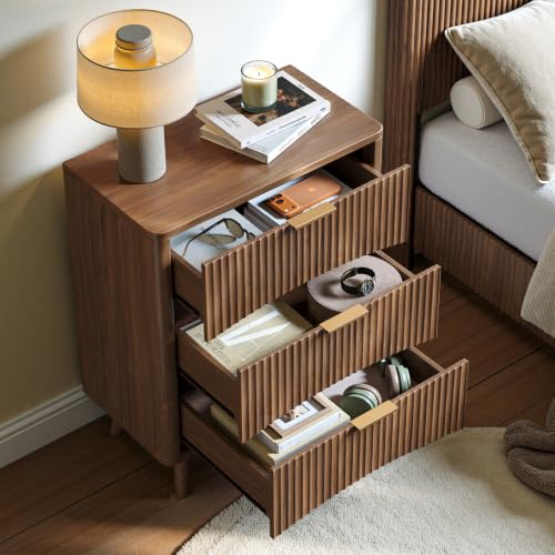 Image of Evermagin 29 inch Tall Fluted Nightstand Set of 2 with 3 Drawers | Walnut Night Stand, Wooden Bedside Table, Mid Century Modern Side Table for Bedroom, livingroom