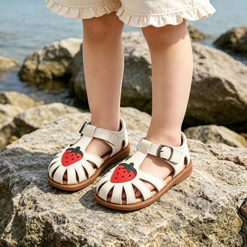 Image of Toddler Girl Sandals with Flower, Breathable Leather kids Closed Toe Sandals, Soft Rubber Non-Slip Summer Shoes for Little Girls 2-7 Years