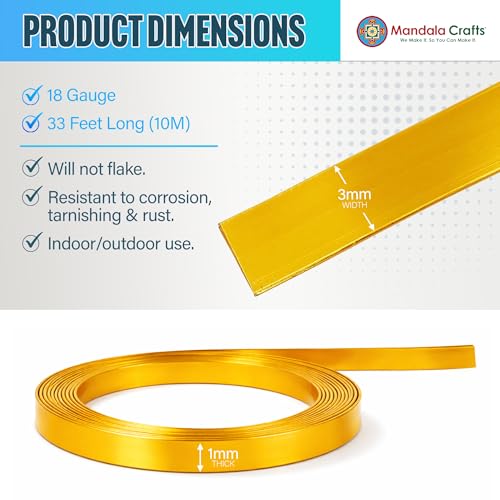 Image of Mandala Crafts 3mm Gold Tone Flat Aluminum Crafting Wire for Sculpting | 33 Feet, Anodized, Colored, Tarnish Resistant, Bendable, Flexible, for Jewelry Making, Bezel, Bonsai, Armature, Outdoor