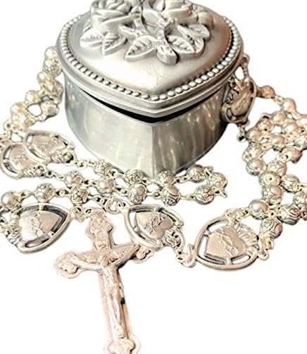 HANDMADE SILVER ROSE BEADS CATHOLIC SACRED HEART JESUS HOLY MEDAL ROSARY CROSS NECKLACE & NICE METAL JEWELLERY BOX