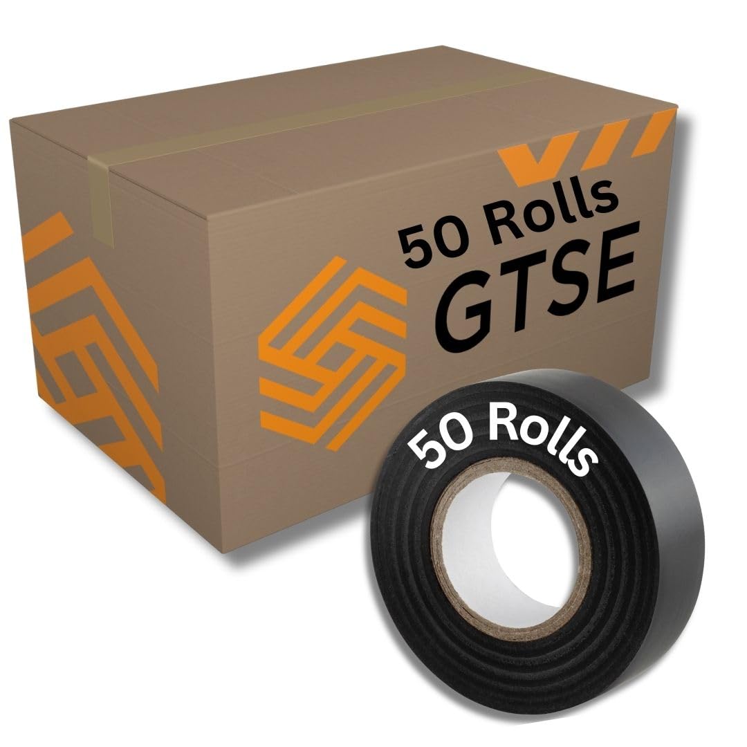 GTSE Black Electrical Tape, 19mm x 20m, Bulk Box of 50 Rolls, Strong Self-Adhesive PVC Insulation Tape for Insulating, Repairing and Protecting Electrical