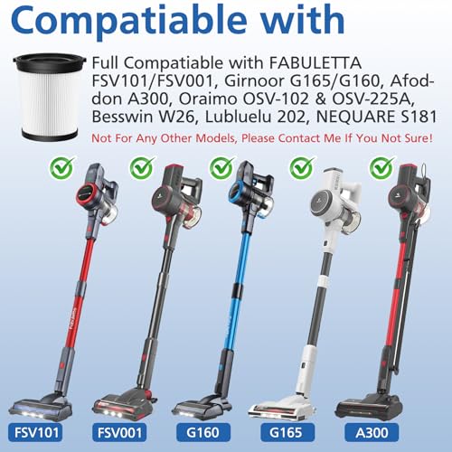 4 Pack FSV001 HEPA Filter Compatible with Fabuletta, Girnoor, Afoddon, Lubluelu, Oraimo, and Besswin Vacuum Cleaners