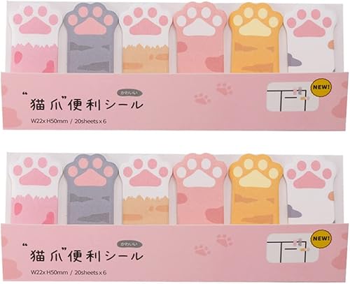 LUOZZY 2 blocs de notas para estudiantes patas de gato notas adhesivas papeles de notas de dibujos animados marcadores de página de lectura