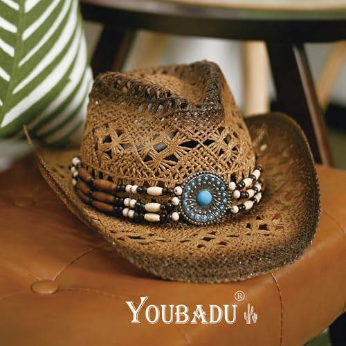 Image of YOUBADU Western Straw Cowboy and Cowgirl Hats with Decorative Bands - Unisex Wide Brim Raffia Style Sun Hat