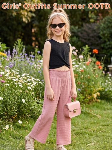 Image of Girls' Clothing Sets Sleeveless Bow Crop Top Wide Leg Linen Pants 2026 Summer Outfits Cute Kids Clothes
