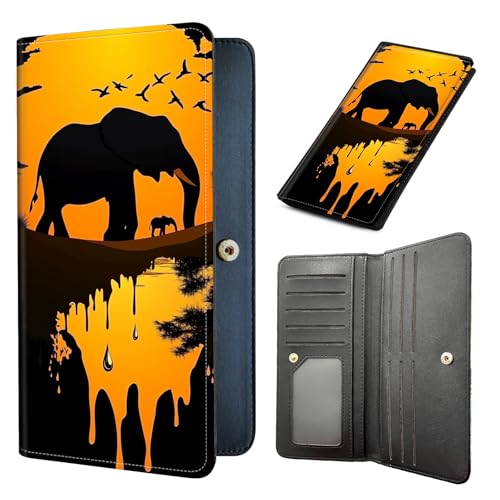 Long Women Wallet, Ultra Slim Thin Wallet for Women, RFID Blocking PU Leather Credit Card Holder, Multi-Card Slots Business Travel Bifold Clutch, Elephant Illustration