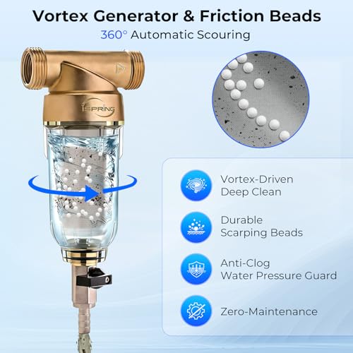 Image of iSpring WSP-50SLS Spin Down Sediment Filter & Water Scale Inhibitor, Whole House Scale & Corrosion Prevention Prefilter, Mesh-Cleaning Scraper-Beads, Flushable Well Water Sediment Buster, 50 Microns