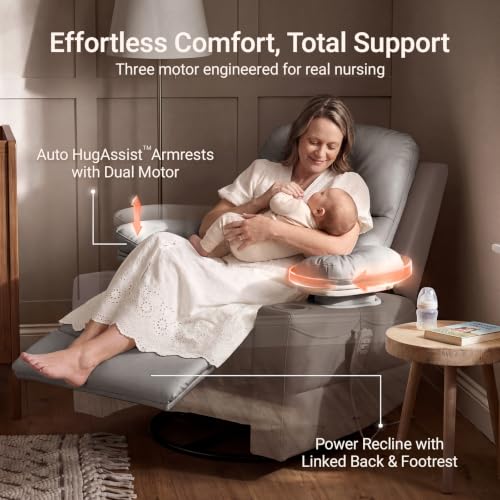 Image of MAMAZING Lullapod Power Nursery Rocking Chair with HugAssist Armrest | Triple Motor Power Nursing Recliner with 270 Swivel Glider & Quiet Rocking, Dual Charging Ports & Built-In Storage