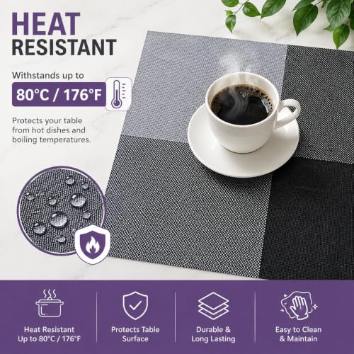 Image of OXSAM Placemats, Heat Insulation Non-Slip Vinyl mats, Stain-Resistant Tablemats for Home and cafe Dining Table Decor (Black & Gray Checks, Pack of 6)