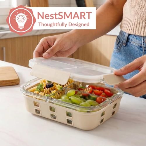 Image of Nestasia Glass Lunch Box with Silicone Sleeve (1000ml) - Borosilicate Glass Lunch Box with 3 Compartments for Office | Microwave & Freezer Safe, Leak-Proof Tiffin Box with Clip Locks (Beige)