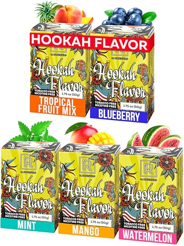 All Times Hookah Flavors Set - 5 x 1.76 oz (50g) Non Tobacco Hooka Flavor for your Bowl (Tropical fruit mix - Blueberry - Mango - Watermelon - Mint) Hookah Bundle Pack of 5 - Try these Tobacco Free Shisha