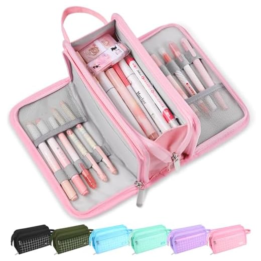 Sooez Large Pencil Case, Big Capacity Pencil Pouch Pen Bag with 3 Compartment, Portable Canvas Stationery Organizer with Zipper, Cute Aesthetic School Supplies for Teen Girls College, Pink with Plaid
