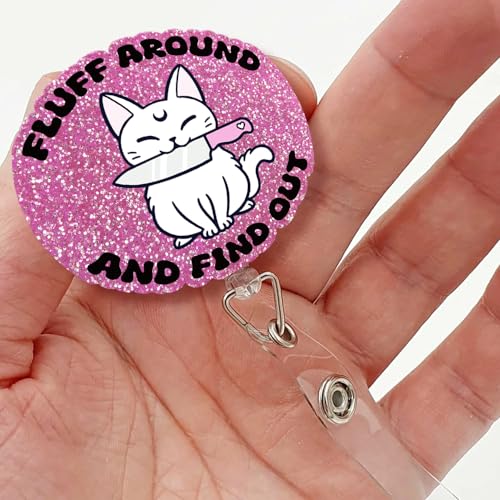 Sixrip Fluff Around And Find Out Carretel de crachá retrátil com glitter irregular com clipe jacaré,