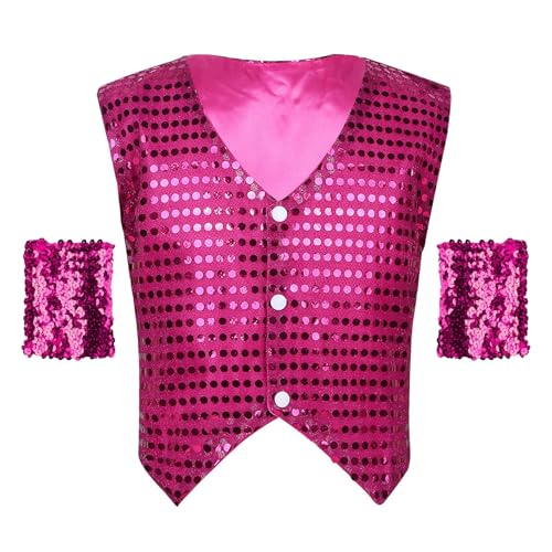 JEATHA Glittery Sequined Vest Button Up Jacket Waistcoat and Glitter Arm Band for Celebration Jazz Dance Party