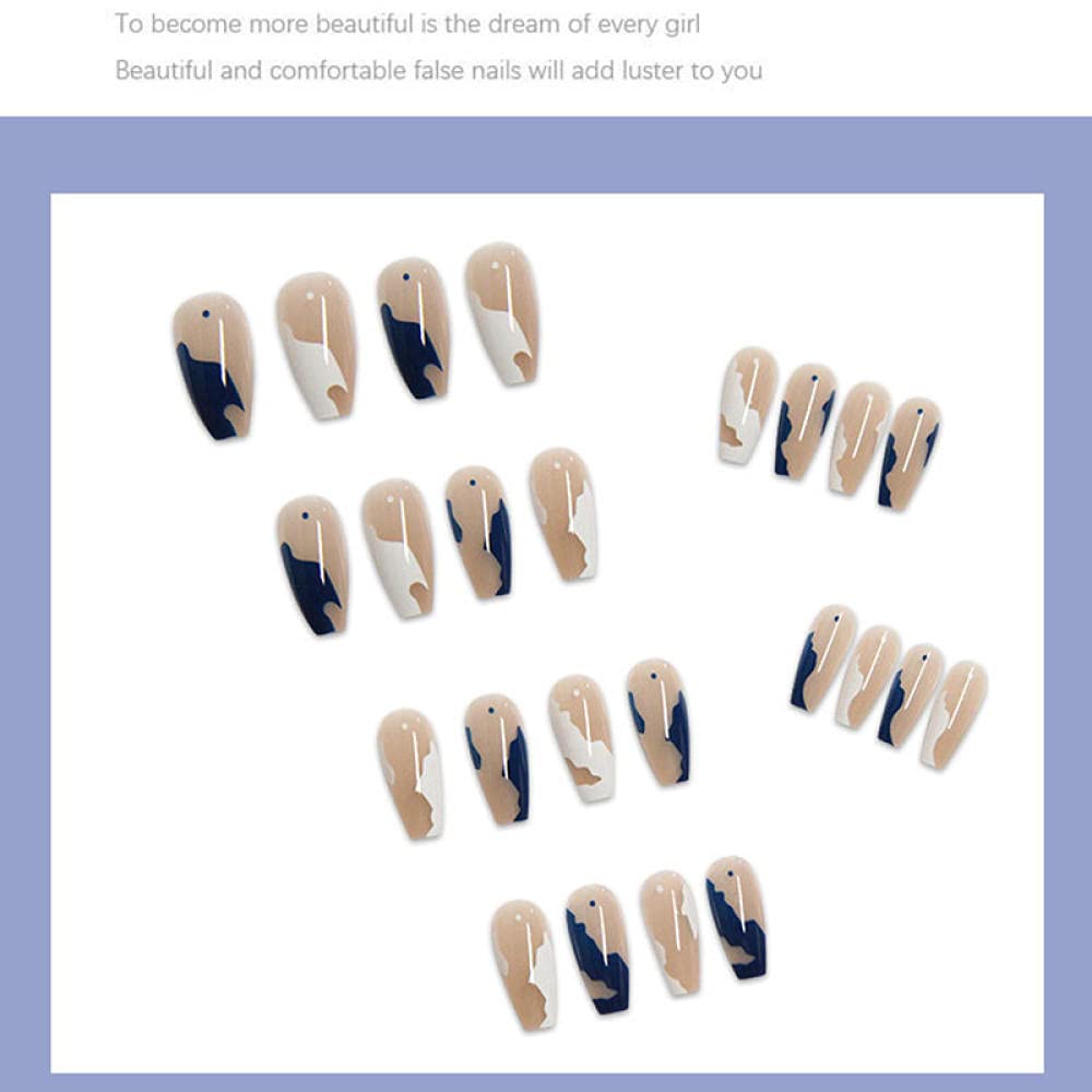 GeRRiT False Nails 24pcs White Blue Coffin Ballerina False Nails Press On Nail with Printing Design Nail Patch False Nails Detachable