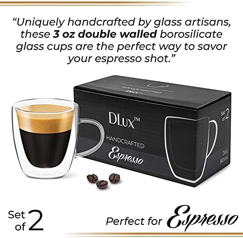 DLux Espresso Coffee Cups 80ml, Double Wall, Clear Glass Set of 2 3oz Glasses with Handles, Insulated Borosilicate Glassware Tea Cup