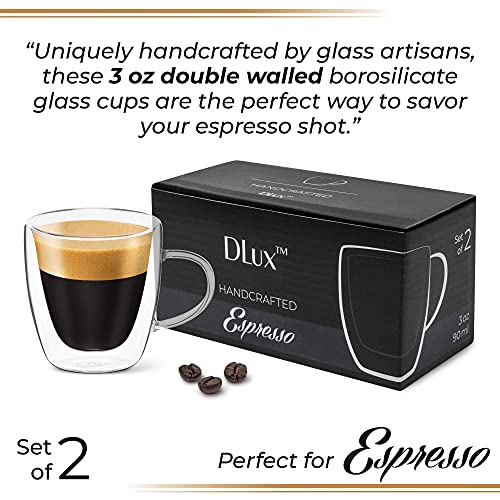 Dlux Espresso Coffee Cups 3Oz, Double Wall, Clear Glass Set Of 2 Glasses With Handles, Insulated Borosilicate Glassware Tea Cup #TOP6