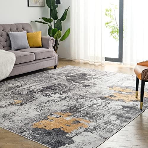 OIGAE Machine Washable Rug 5 x 7, Ultra-Thin Abstract Modern Area Rugs, Stain Resistant Non-Slip Backing Floor Carpet for Indoor Living Room Bedroom Kitchen, Yellow, Grey
