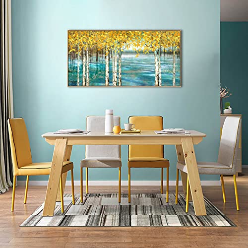 Large-Living-Room-Wall-Decor-Abstract-Canvas-Wall-Art-Yellow-Trees-White-Birch-Green-Lake-Landscape-Painting-Picture-Giclee-Bedroom-Wall-Decoration-Ready-to-Hang-24x48-Attached-Peripheral-Frame
