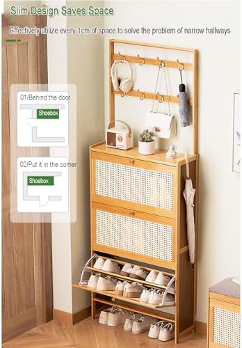 Shoe Storage Cabinet Cabinets Hallway Slim Cupboard Cupboards Hallways Slimline，Slim Bamboo Shoe Storage Cabinet with 3 Flip Drawers, Tall & Narrow Rattan Sideboard for Hallway, Perfect for