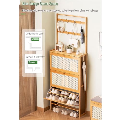 Meuble à chaussures compact anti-encombrement avec tiroirs en rotin