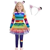 Cat Rainbow Costume for Girls Birthday Party Set with Headband Halloween Christmas Outfit Rainbow Tutu Dress up 3-8Y
