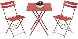 3 Piece Outdoor Foldable Bistro Set, Wrought Iron Square Table and 2 Chairs, All-Metal Patio Furniture Set for Small Balcony, Garden, Porch, Rust-Resistant Outdoor Dining Set, Red
