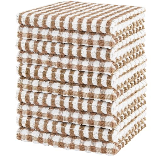 DecorRack 10 Pack 100% Cotton Kitchen Towels, Set of 10 Buffalo Checks 12" x 12" Absorbent Dish Cloths,Coffee (Pack of 10)