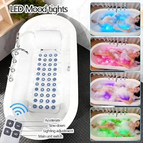 200w Portable Spa Bubble Bath Mat with Pillow and Remote Control, Electric Air Pump, 8 Ambient Light Modes, 6 Intensity Levels, Anti-Slip Suction Cup(43 * 14in)