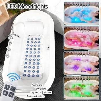 200w Portable Spa Bubble Bath Mat with Pillow and Remote Control, Electric Air Pump, 8 Ambient Light Modes, 6 Intensity Levels, Anti-Slip Suction Cup(43 * 14in)