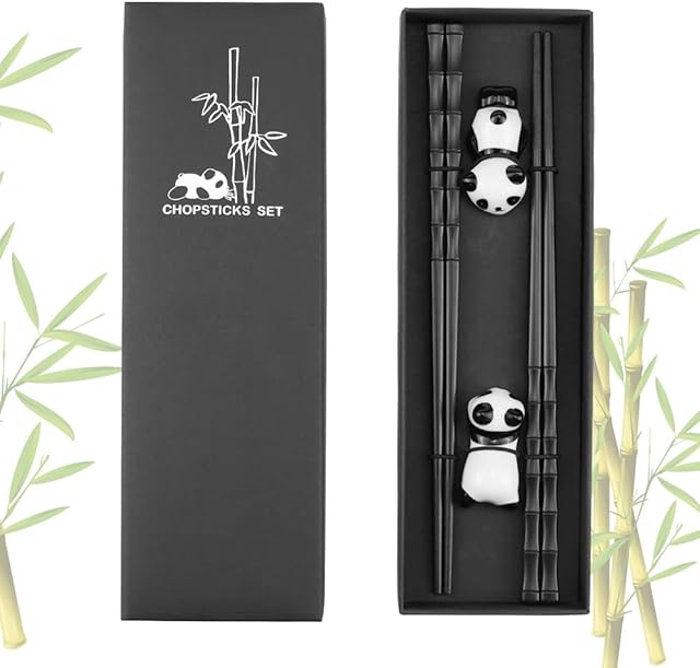 DXLing 2 Pairs Chopsticks Fibreglass Reusable Bamboo Shape Chopsticks Chinese Style Black Chopstick Rest Gift Set with Panda Ceramic Chopsticks Holder and Case