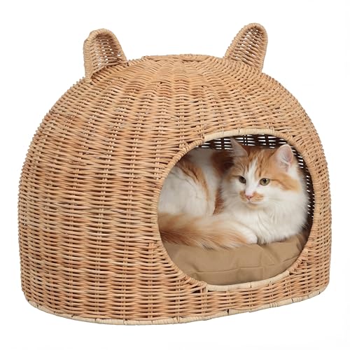 THE LICKER Store CBD1000B Cat Ear 20" x 14.5" Handwoven Water Hyacinth Pet Bed, Wicker Cat Hideaway Dome with Machine-Washable Cushion, Coastal Woven Pet House for Cats and Small Dogs, Light Brown by THE LICKER STORE - Used condition - US$55.80