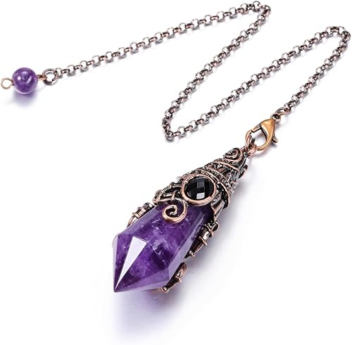 PESOENTH Péndulo de cristal de amatista para radiestesia, adivinación, con envoltura de bronce, piedra curativa, piedra preciosa, dije de punto de