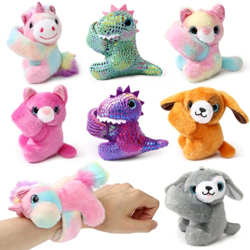 B Bascolor 8 Pack Stuffed Animal Slap Bracelets 9 Inch Plush Unicorn Cat Dog Dinosaur Wrist Cute Snap Bracelets Bulk Toy First Day Back to School Graduation Birthday Gift for Boys Girls Party Favors